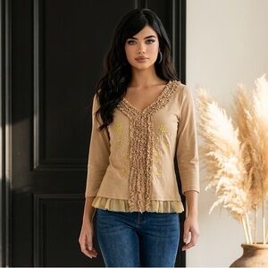 Identity Womens Beige Ruffle Embellished Top Size S Boho Fairycore